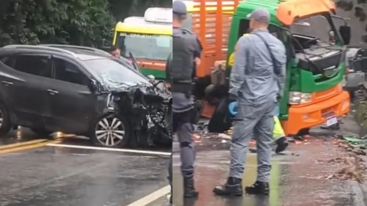 Caminhão provoca acidente com dois veículos em Caraguatatuba