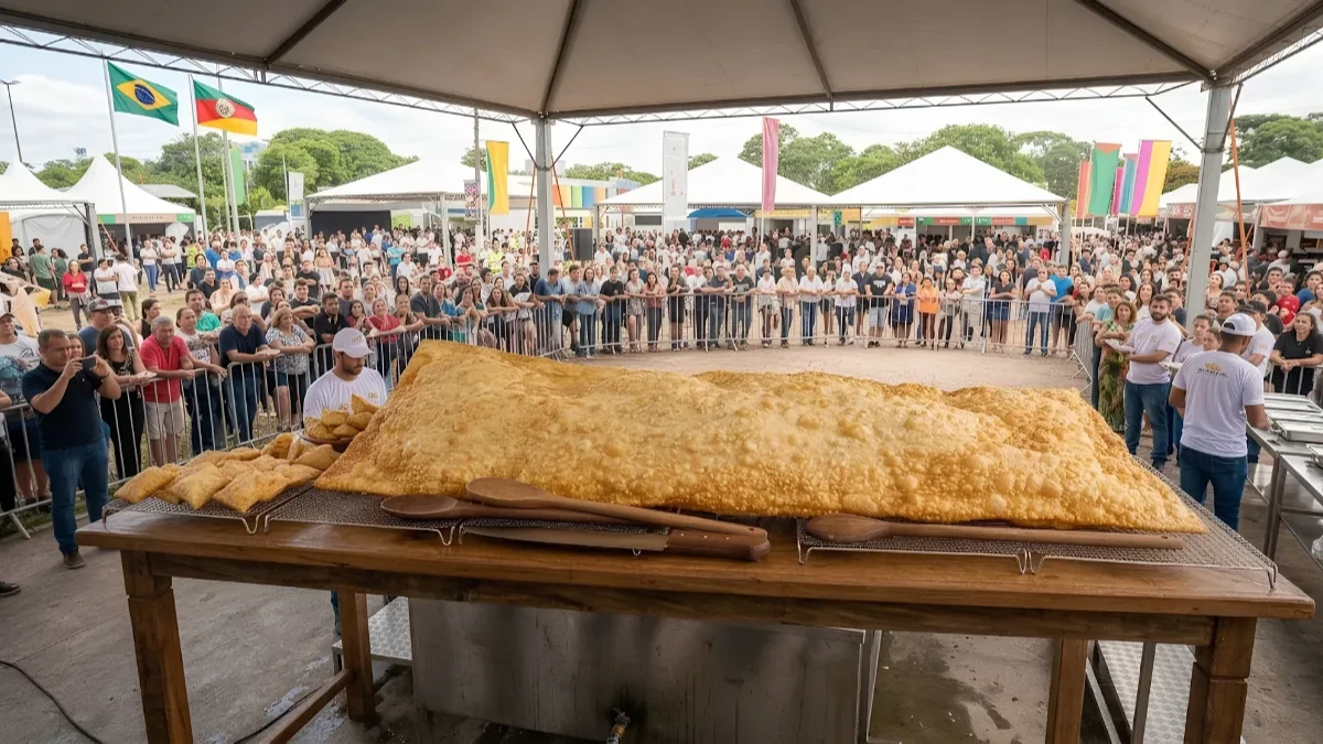 Maior pastel do mundo foi feito no Brasil com 200 kg de carne e ajuda de 50 pessoas