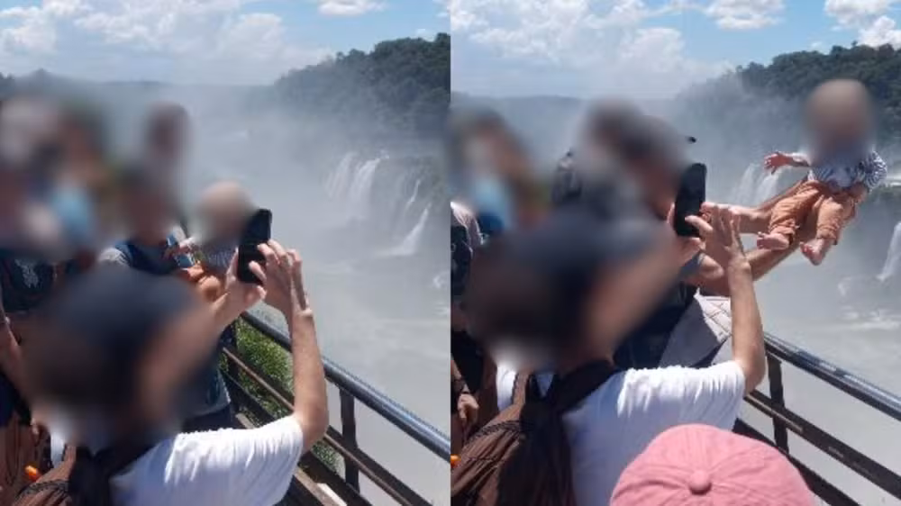 Homem ergue bebê sobre grades para tirar foto nas Cataratas do Iguaçu e choca turistas