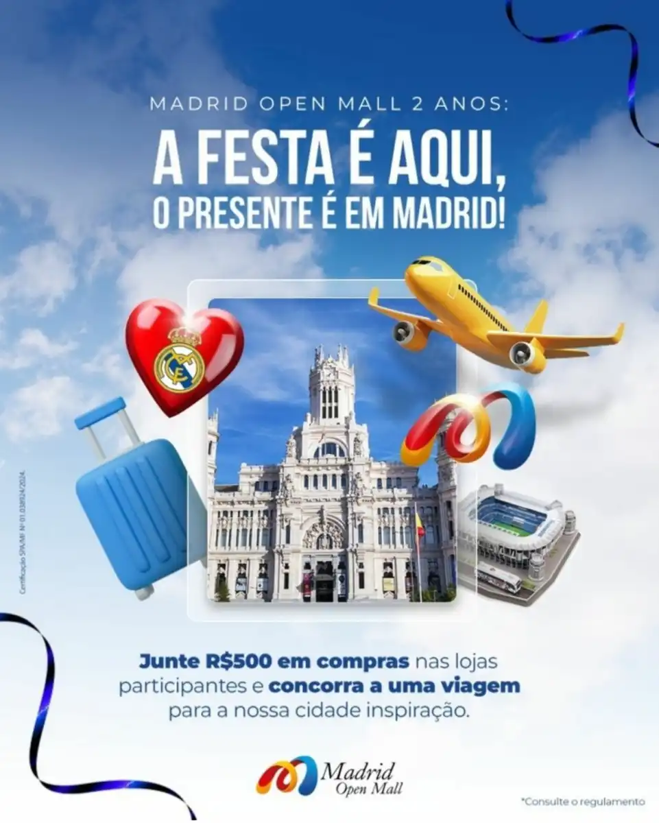 Madrid Open Mall celebra dois anos com promoção inédita; "A Festa é aqui, o presente é em Madrid."