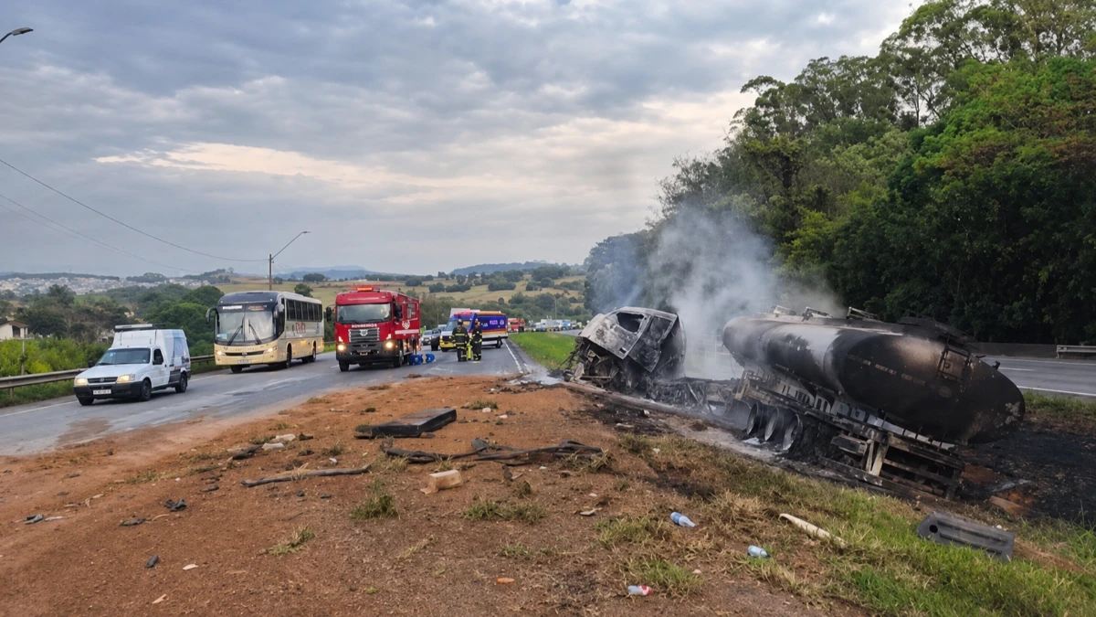 Acidente entre três carretas e carro deixa uma pessoa morta na Fernão Dias