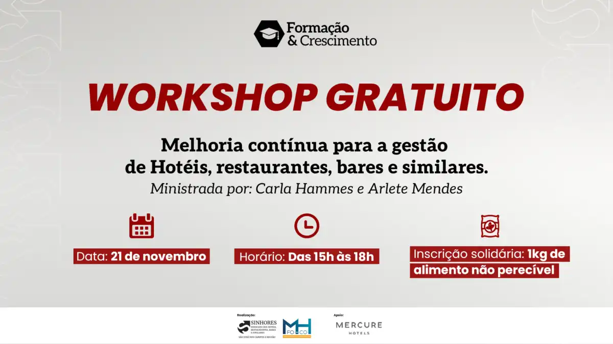 Workshop gratuito sobre gestão de hotéis, restaurantes e bares acontece em São José dos Campos