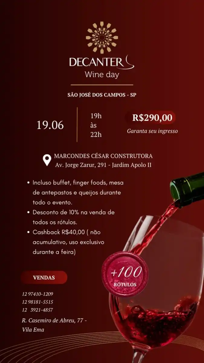 Decanter Wine Day 2024: Feira de Vinhos terá mais de 100 rótulos para degustação em São José dos Campos